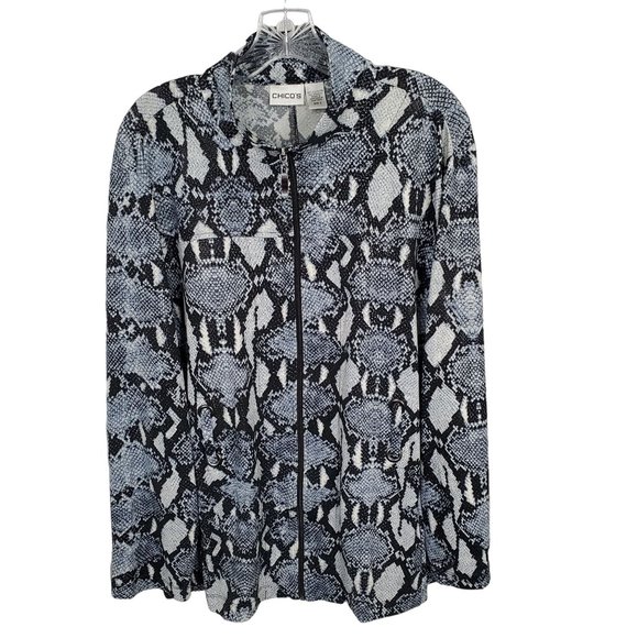 Chico's Jackets & Blazers - Chico's 3 Sz XL Jacket Blue Reptile Print Zip Belt Pockets Stretch Fluid Jersey